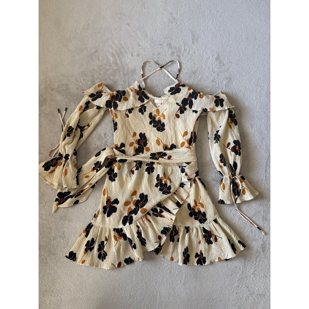 Luxxel Cream Floral Plisse Cold Shoulder Ruffle Mini Wrap Dress Medium